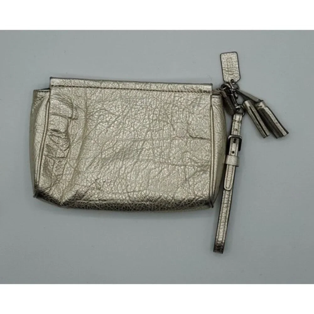 Coach Pebbled Gold Leather Small Zip Tassel Wristlet Removable Strap